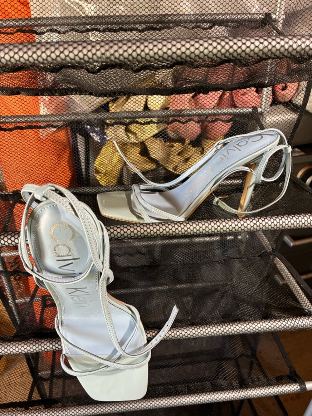 Calvin Klein Metallic Silver Strappy Block Heel Sandals